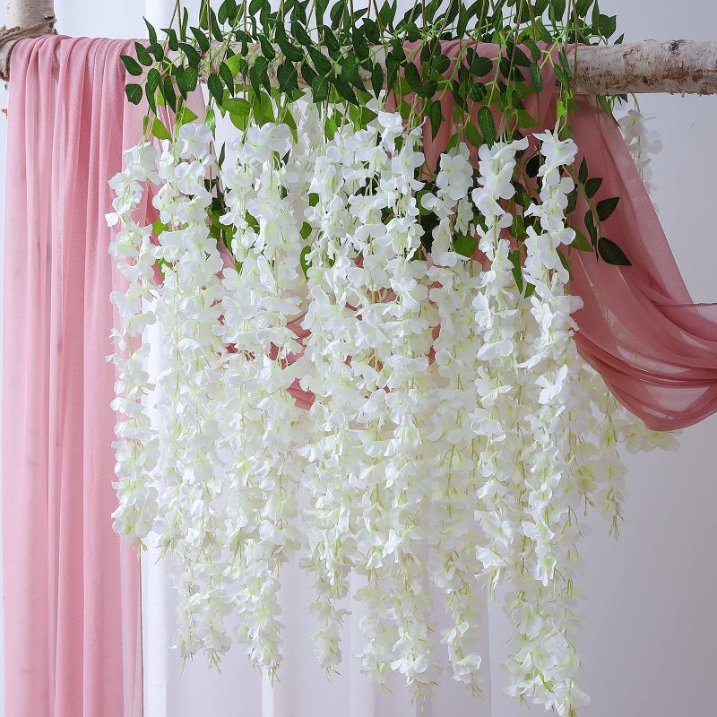 Duovlo 12 Piece Artificial Silk Wisteria Vine 3.6 Feet Ratta Hanging Flower Garland String Home Party Wedding Decor (White) - Image 5